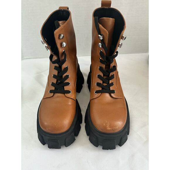 Marc Fisher LTD Happy Leather Boots Lace up Combat Tan Size 5.5 - Picture 1 of 11